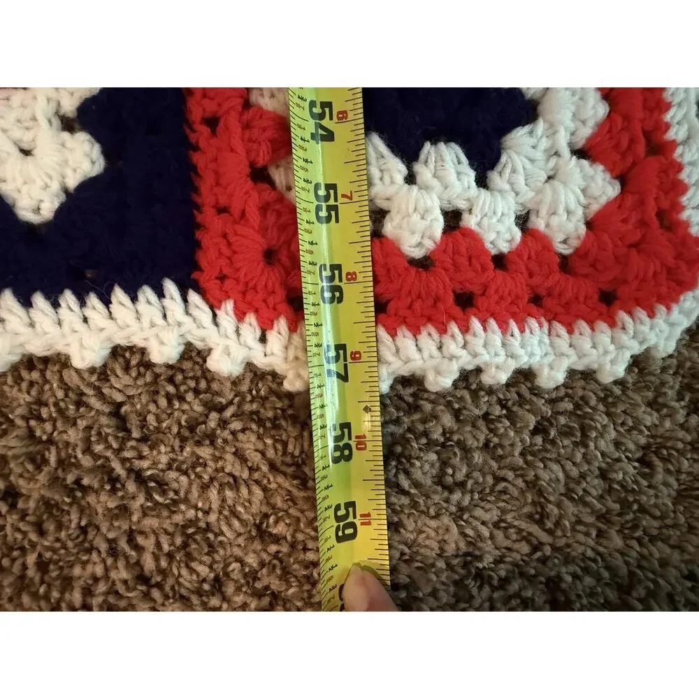 Vintage Crochet Afghan Blanket Granny Square Red White Blue Background 57”x44”